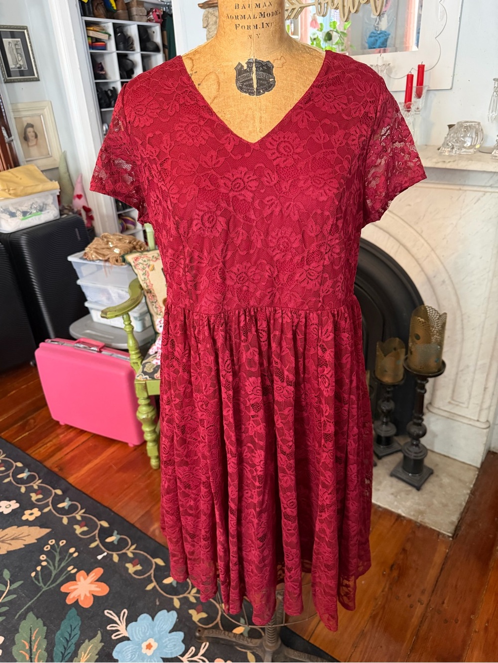 torrid Burgundy Floral Lace V‑Neck Mini Dress